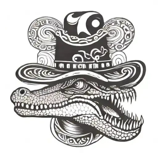 crocodile with a bone in its mouth and wearing a cowboy hat tattoo design idea