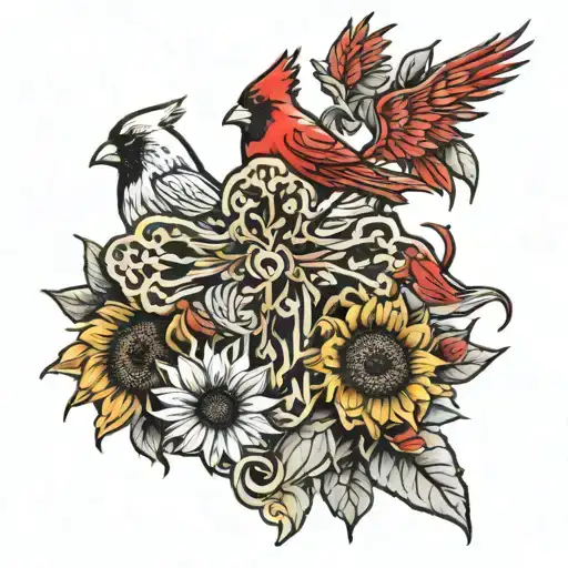 cross with sunflowers and cardinals sitting tattoo design idea