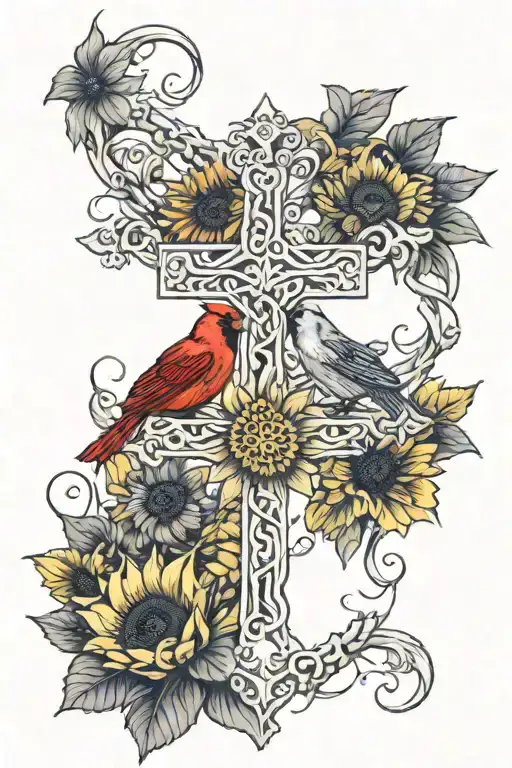 cross intertwined with sunflowers wrapped and red cardinal tattoo design idea