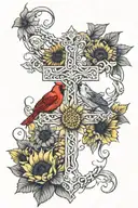 cross intertwined with sunflowers wrapped and red cardinal tattoo design idea