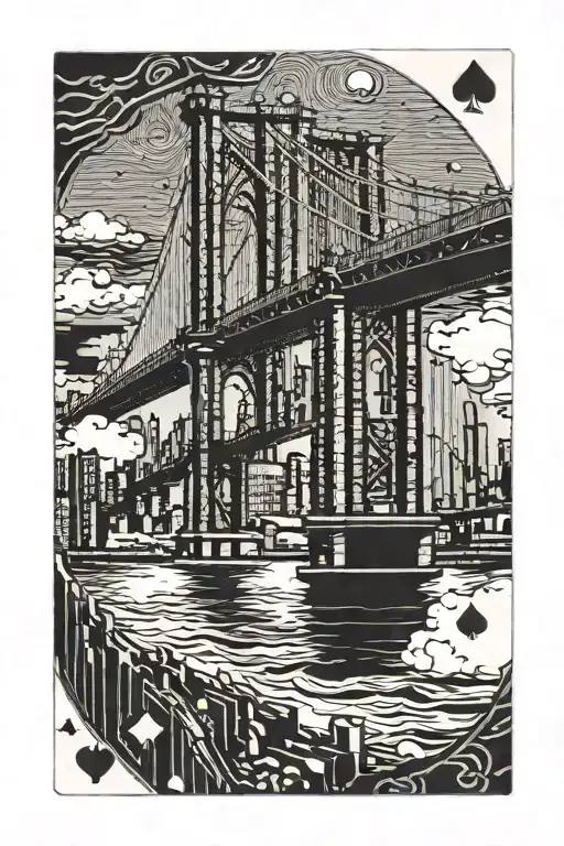 Incorporate the Brooklyn Bridge with playing cards in a dotwork style tattoo design idea