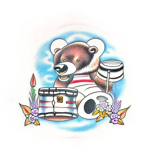 A traditional tattoo of a bear playing a drum set made of flowers tattoo design idea