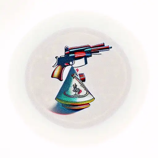 A traditional tattoo of a vintage gun surrounded by children's toys like a spinning top and a doll tattoo design idea