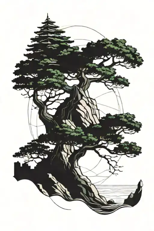 Bonzai tree on a cliff overlooking the ocean tattoo design idea