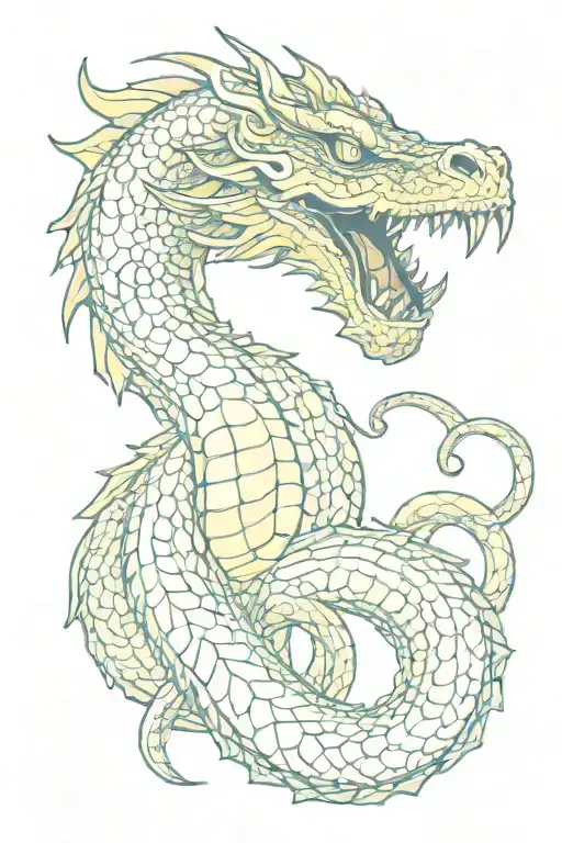 giant magical serpent with dark green, dragon-like skin, sharp fangs, and large yellow eyes tattoo design idea