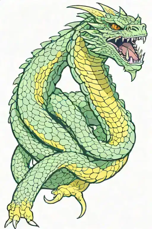 giant magical serpent with dark green, dragon-like skin, sharp fangs, and large yellow eyes tattoo design idea