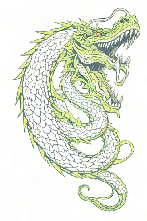 giant magical serpent with dark green, dragon-like skin, sharp fangs, and large yellow eyes tattoo design idea