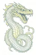 giant magical serpent with dark green, dragon-like skin, sharp fangs, and large yellow eyes tattoo design idea
