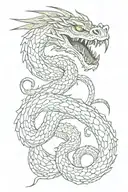 giant magical serpent with dark green, dragon-like skin, sharp fangs, and large yellow eyes tattoo design idea