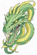 giant magical serpent with dark green, dragon-like skin, sharp fangs, and large yellow eyes tattoo design idea