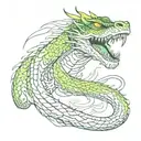 giant magical serpent with dark green, dragon-like skin, sharp fangs, and large yellow eyes tattoo design idea