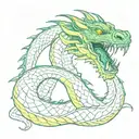 giant magical serpent with dark green, dragon-like skin, sharp fangs, and large yellow eyes tattoo design idea