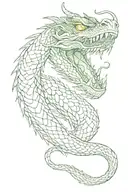 giant magical serpent with dark green, dragon-like skin, sharp fangs, and large yellow eyes tattoo design idea