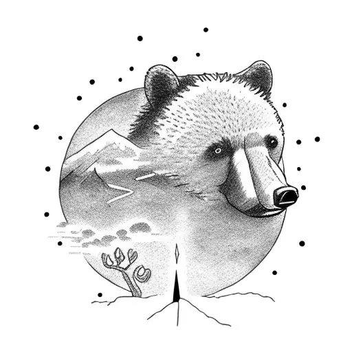 a sun with a very small black bear climbing a mountain tattoo design idea