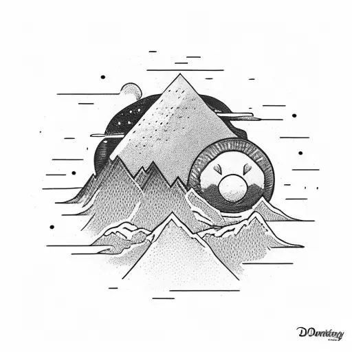 A powerful sun with a mountain inside. A stream of water flows between the mountain. A bear sits beside the stream. tattoo design idea