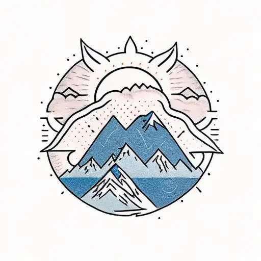 a sun with a small black bear climbing a mountain inside tattoo design idea