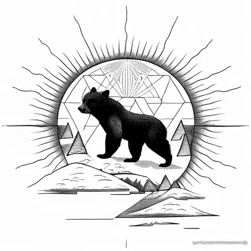 Subtle sun with a small, American black bear climbing a jungle-like mountain inside, inspired by "The Alchemist" book tattoo design idea