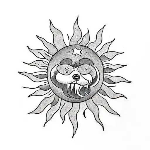 A sun that looks like the earth, with a bear climbing a mountain inside tattoo design idea