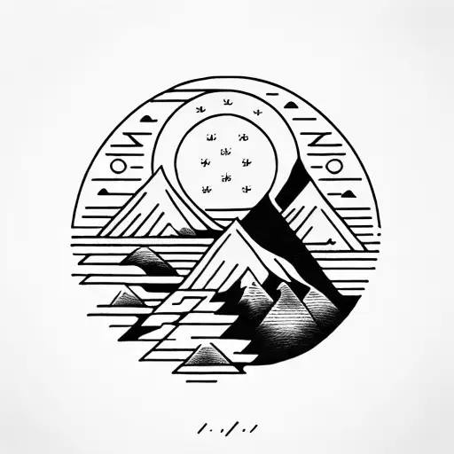 A bright sun with a mountain inside. A stream splits the mountain into two.  tattoo design idea