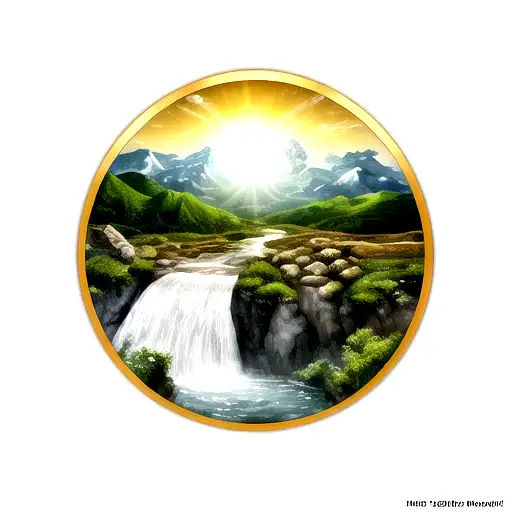 "The Alchemist" book cover. A bright sun with a mountain inside. A stream splits the mountain into two.  tattoo design idea