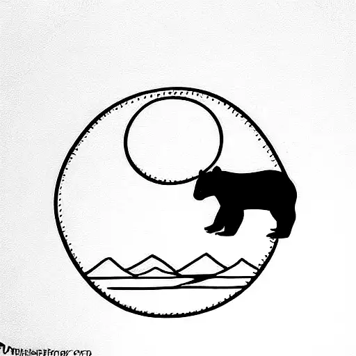 A bright sun With A Sublte small Black Bear Climbing A Mountain Inside tattoo design idea