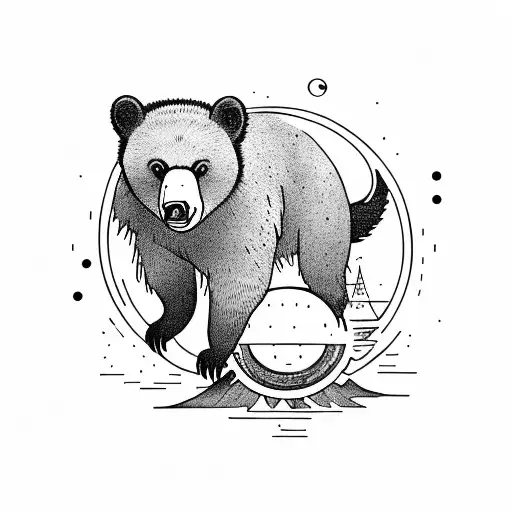 "The Alchemist" book cover: a sun with a small black bear climbing a mountain inside tattoo design idea