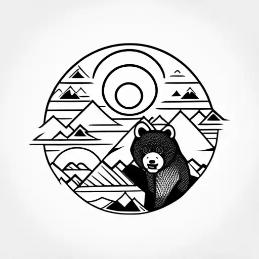 a sun with a small black bear climbing a mountain inside tattoo design idea