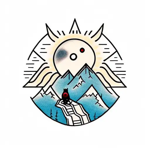 a sun with a small black bear climbing a mountain inside tattoo design idea