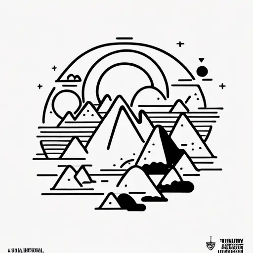 "The Alchemist" book cover. A bright sun with a mountain inside. A stream splits the mountain into two.  tattoo design idea