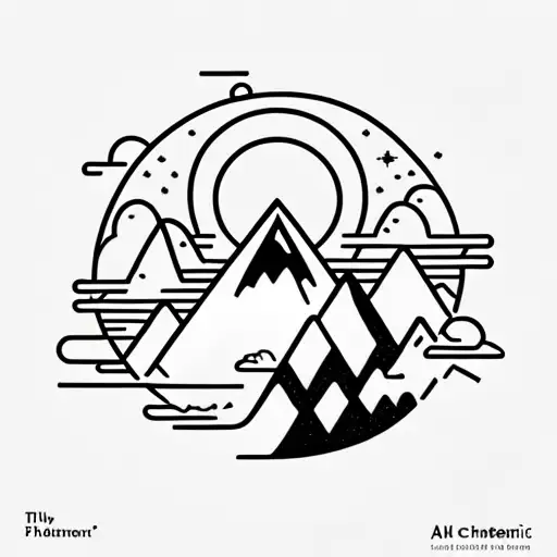 "The Alchemist" book cover. A bright sun with a mountain inside. A stream splits the mountain into two.  tattoo design idea
