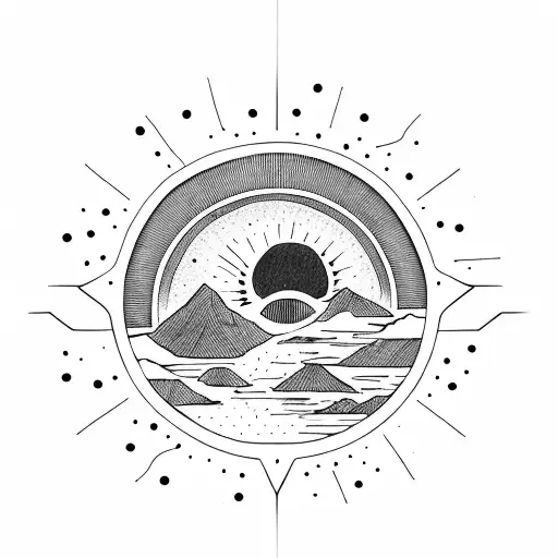 A bright sun With A Black Bear silhouette Climbing A Mountain Inside tattoo design idea