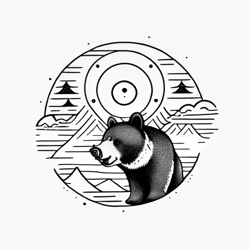 a sun with a small black bear climbing a mountain in the background tattoo design idea