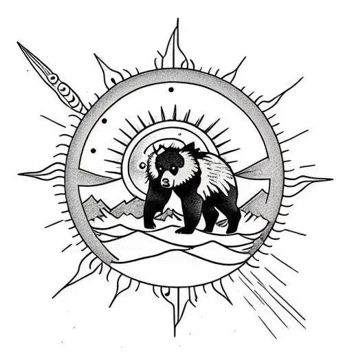 big sun with a small black bear climbing a mountain tattoo design idea