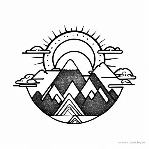A sun with a mountain inside. A stream of water splits the mountain. The silhouette of a bear sits beside the stream. tattoo design idea