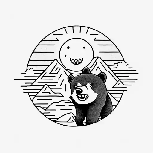 a sun with a very small black bear climbing a mountain in the background tattoo design idea
