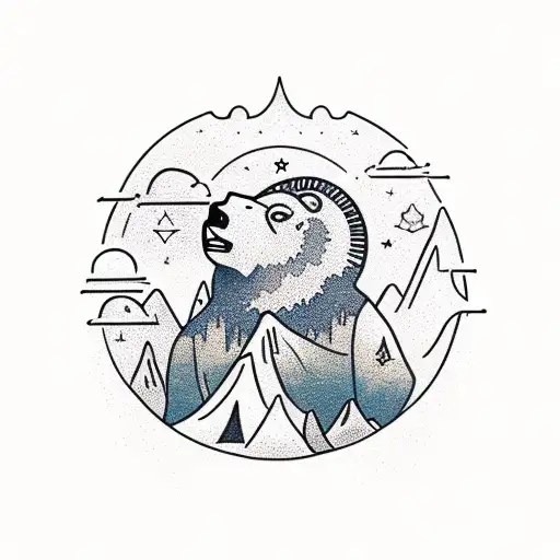 "The Alchemist" book cover: a sun with a small black bear climbing a mountain inside tattoo design idea