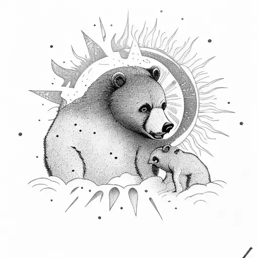 "The Alchemist" book cover: a sun with a small black bear climbing a mountain inside tattoo design idea