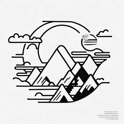 "The Alchemist" book cover. A bright sun with a mountain inside. A stream splits the mountain into two.  tattoo design idea