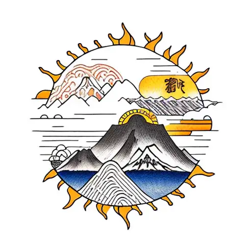 a sun with a small black bear climbing a mountain inside tattoo design idea