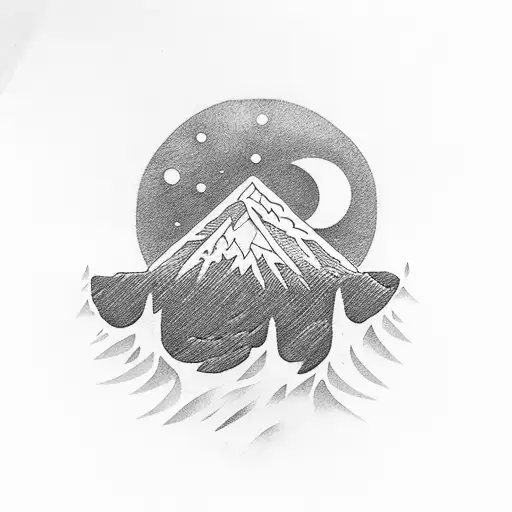 A sun with a mountain inside. A stream of water splits the mountain. The silhouette of a bear sits beside the stream. tattoo design idea