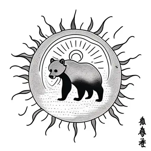  sun with a small black bear climbing a mountain tattoo design idea