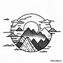 A sun with a mountain inside. A stream of water splits the mountain. The silhouette of a bear sits beside the stream. tattoo design idea