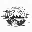 A sun with a mountain inside. A stream of water splits the mountain. The silhouette of a bear sits beside the stream. tattoo design idea