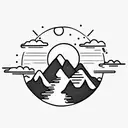 A sun with a mountain inside. A stream of water splits the mountain. The silhouette of a bear sits beside the stream. tattoo design idea