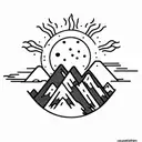A sun with a mountain inside. A stream of water splits the mountain. The silhouette of a bear sits beside the stream. tattoo design idea
