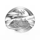 A powerful sun with a mountain inside. A stream of water flows between the mountain. A bear sits beside the stream. tattoo design idea