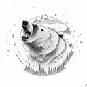 A powerful sun with a mountain inside. A stream of water flows between the mountain. A bear sits beside the stream. tattoo design idea