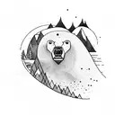 A powerful sun with a mountain inside. A stream of water flows between the mountain. A bear sits beside the stream. tattoo design idea