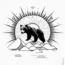 Subtle sun with a small, American black bear climbing a jungle-like mountain inside, inspired by "The Alchemist" book tattoo design idea