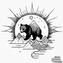 Subtle sun with a small, American black bear climbing a jungle-like mountain inside, inspired by "The Alchemist" book tattoo design idea